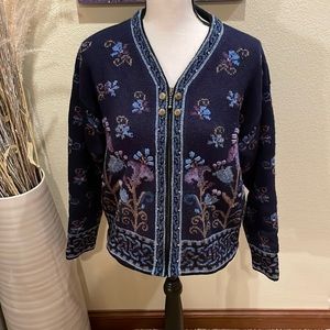 Icelandic Design Wool Zip Sweater Jacket Full Blue And Purple Floral Medium